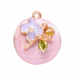 09 Chapa de Oro Dije Circulo Rosa Flor Blanca 19mm (1 pza)